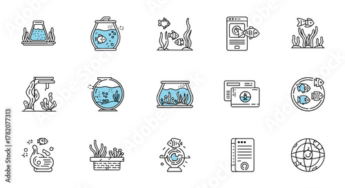 Set of 15 minimalistic thin outline icons representing aquariums, fish, and aquatic plants, perfect for web design, graphic design, apps, banners, social networks, and cards. This vector cartoon