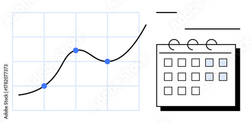 Line chart with marked data points alongside a calendar. Ideal for analytics, planning, strategy, scheduling, productivity, goal setting, forecasting. Simple flat metaphor