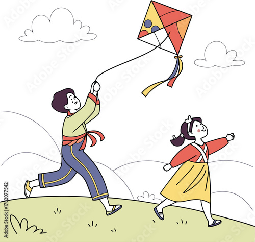 children flying kite on grassy hill with clouds and traditional clothing in joyful outdoor scene
