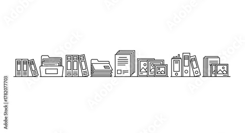 A clean, minimalist vector illustration showcasing a collection of shelved documents, folders, and picture frames, perfect for business, education, or creative projects. The editable stroke design is