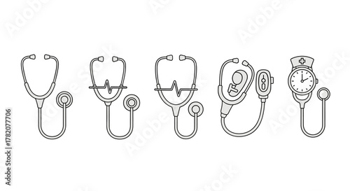 Collection of simple, isolated line icons representing stethoscopes, each with editable strokes, suitable for web, books, cards, and apps. This vector cartoon illustration features diverse