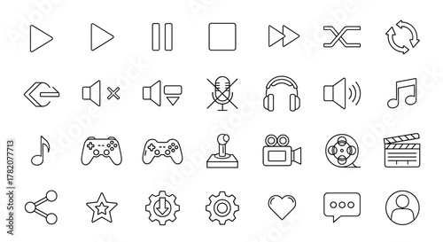 Modern outline style icons for design, cards, apps, and social networks. This ordered set includes play, pause, stop, fast forward, rewind, shuffle, repeat, volume controls, mute, microphone