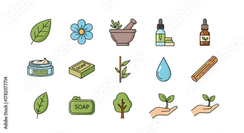 Set of vivid, flat design icons representing nature and organic cosmetics, including leaves, flowers, soap, cream, essential oil bottles, bamboo, water drop, wood, and hands holding sprouts, perfect
