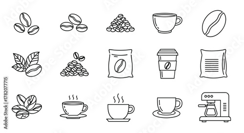 A collection of outline linear vector illustrations depicting various coffee-related elements, including coffee beans, leaves, cups, bags, and a coffee maker, perfect for graphic design, web design