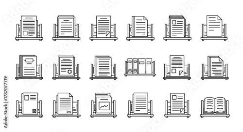 Collection of shelved documents and books in outline style, featuring editable strokes, perfect for infographics, articles, books, flyers, and banners. This vector cartoon illustration set offers a