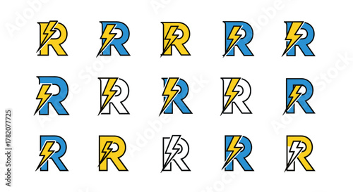 Set of stylized letter R logos with a lightning bolt integrated into the design, presented in a clean, ordered line on a white background. Available in yellow and blue color variations, these icons