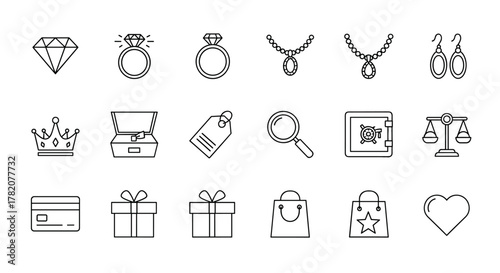 Set of jewelry-related line icons, including a diamond, engagement ring, crown, open jewelry box, tag, magnifying glass, safe, scales of justice, credit card, gift boxes, shopping bags, and a heart