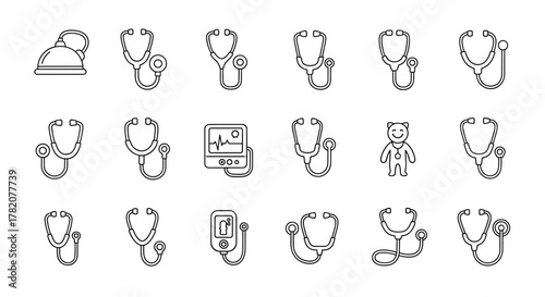 A comprehensive collection of thin line icons representing various stethoscopes and medical devices, perfect for web, print, and digital applications. This editable stroke vector illustration