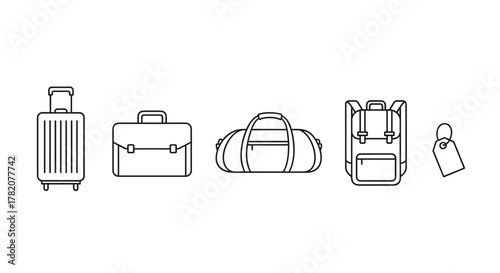 Minimalistic linear icon set featuring a suitcase, briefcase, duffel bag, backpack, and luggage tag, presented in a clean, outline style. This versatile collection of travel and business-related