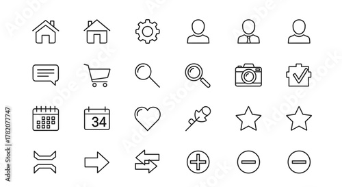 A clean and modern vector line icon set featuring essential symbols like houses, gears, user profiles, chat bubbles, shopping carts, magnifying glasses, cameras, calendars, hearts, stars, and