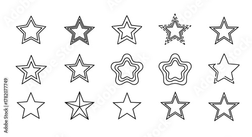 Collection of Star Outline Vector Illustrations: A Diverse Set of 15 Unique Star Shapes with Editable Strokes, Perfect for Infographics, Articles, Books, Flyers, Banners, and Cartoon-Style Designs on
