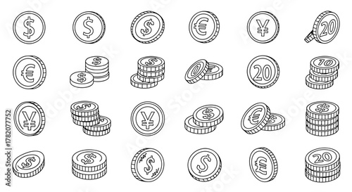 Collection of outline vector coin illustrations featuring dollar, euro, yen, pound symbols, and numbered coins, perfect for infographics, financial articles, books, flyers, and banners, with editable