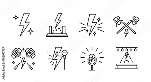 Modern outline style icon set featuring lightning bolts and stage elements, perfect for design projects like cards, apps, and social networks, presented as a vector cartoon illustration on a white
