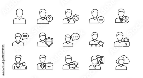 Collection of user avatar outline linear signs and icons for graphic and web design, apps, adverts, various cards, and vector cartoon illustrations on a white background, representing diverse user