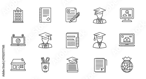 Collection of outline-style icons representing school, college, and university life, including graduation caps, laptops, notebooks, a house, and a money bag, perfect for educational apps, social