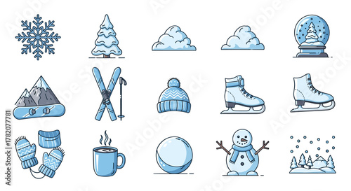 Collection of winter-themed vector icons, including a snowflake, snow-covered Christmas tree, clouds, a snow globe, mountains with a snowboard, skis and poles, a knitted hat, ice skates, mittens and