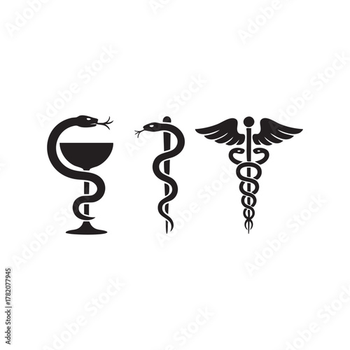Three black medical symbols snakes entwined around staff and cup caduceus rod of asclepius