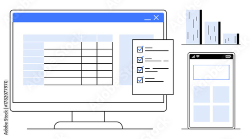 Desktop screen showing a data table, checklist with ticked boxes, bar graph, and mobile screen layout. Ideal for productivity, analytics, organization, workflow, project management reporting simple