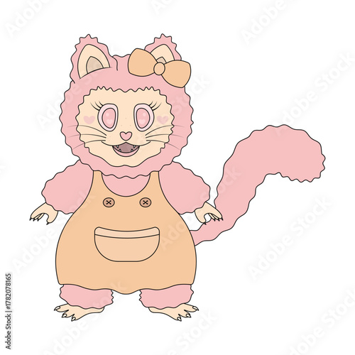 Female cat with pink fur in an orange sundress. Cute kitten with an orange bow on the ear. illustration. Fluffy cat in a dress with straps with buttons and a pocket, with pink hearts in the eyes.
