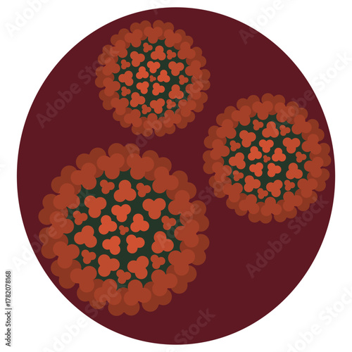 Three red and green chikungunya viruses in a round red biological cage. Vector illustration.