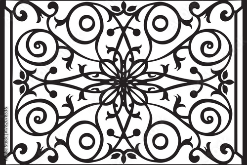 Ornate black wrought iron scrollwork pattern silhouette