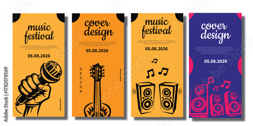 Set of Vertical Music Festival Poster Covers with Microphone, Guitar, and Speakers
