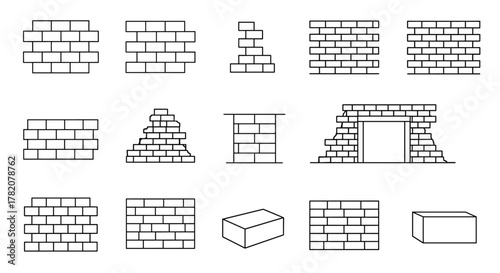 Collection of outline icons representing various brick wall designs and individual bricks, perfect for infographics, articles, books, flyers, and banners, offering editable stroke for versatile