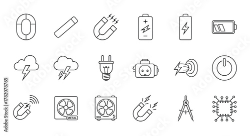 Collection of 18 essential technology and science line icons, featuring magnets, batteries, lightning, power plugs, fans, and a CPU chip, perfect for graphic and web design, apps, adverts, and