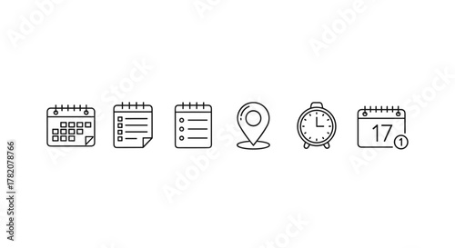 A clean and modern line icon set featuring essential planning and organization tools including a calendar with a date, a checklist, a notepad, a location pin, an alarm clock, and another calendar