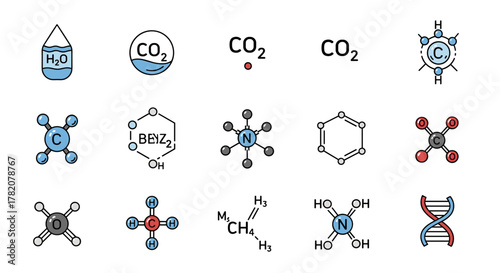 Vibrant Collection of Chemical Compound Icons: Featuring Water, Carbon Dioxide, Methane, Benzene, DNA, and More, Perfect for Scientific Infographics, Educational Materials, and Digital Presentations