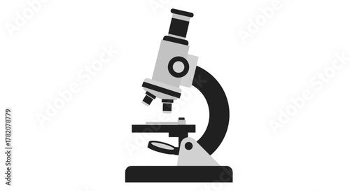A minimalist, flat illustration of a scientific microscope, rendered in grayscale with black and white accents, isolated on a clean white background. This vector graphic is ideal for representing