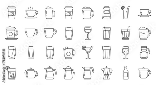 Diverse Collection of Beverage-Related Line Icons: Featuring Cups, Glasses, Mugs, Teapots, and Coffee Makers, ideal for Graphic Design, Web Development, Apps, Advertisements, and Various Card