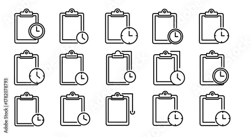 Collection of outline icons featuring clipboards with clocks, symbolizing time management, deadlines, and task completion, ideal for graphic and web design, apps, adverts, and various cards. Vector