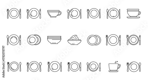 Clean and simple linear outline collection of various tableware icons, including plates, bowls, cups, forks, knives, and spoons, perfect for web, books, cards, and apps, presented as editable stroke
