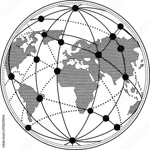A stylized world globe with continents shown in a dotted pattern and connected by lines and nodes