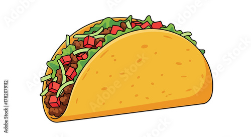 Taco with ground beef lettuce  diced tomatoes in a yellow hard shell