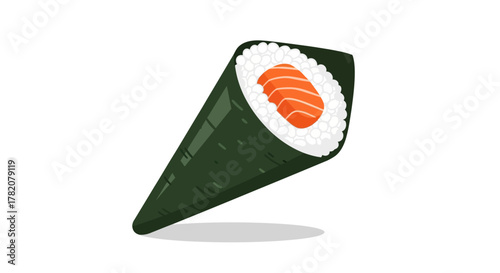 Temaki sushi cone filled with rice and salmon on a white background with a simple shadow