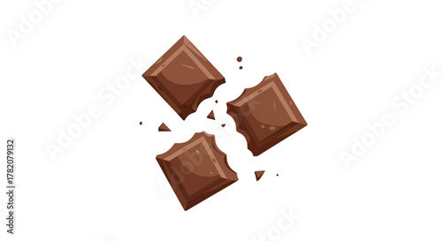 Three chocolate squares with bite marks and crumbs floating on a white background