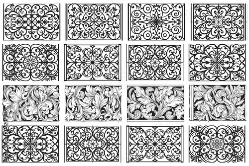 Collection of sixteen intricate ornamental square patterns silhouette