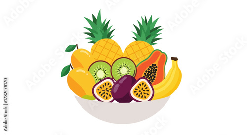 Tropical fruit bowl pineapple mango kiwi papaya banana and passion fruit display