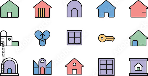 Collection of stylized hand drawn house icons and architectural elements representing home ownership and real estate concepts