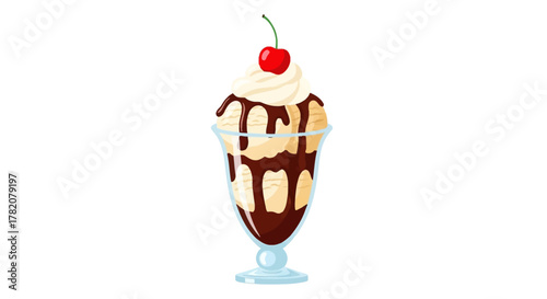 Vanilla ice cream sundae with chocolate syrup and a cherry in a glass cup