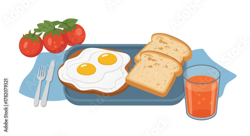 A breakfast scene toast eggs tomato orange juice fork and knife on a tray