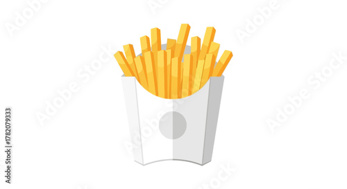 A carton of golden French fries stands centered on a white background