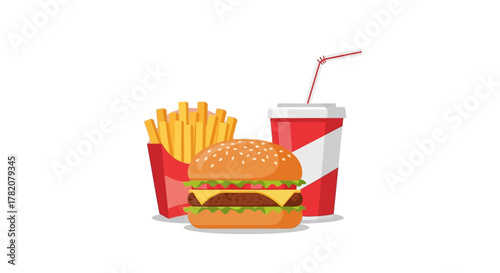 A burger fries and drink are arranged against a white background