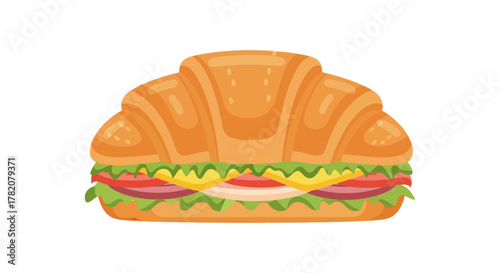 A cartoon croissant sandwich with lettuce tomato cheese ham and a goldenbrown croissant roll