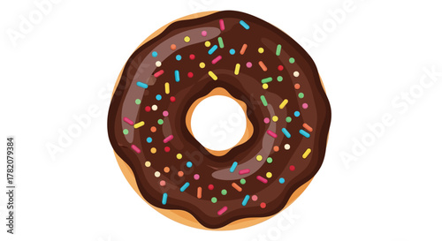 Chocolate glazed donut with colorful sprinkles on white background