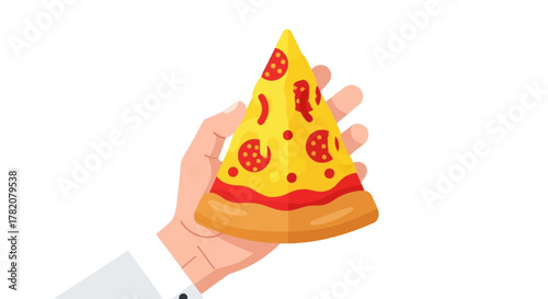 Hand holding a slice of pepperoni pizza on white background