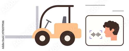 Forklift alongside a screen showing voice recognition interface. Ideal for logistics, warehouse management, automation, AI integration, safety, supply chain, technology. Simple flat metaphor