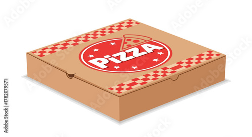 Closed cardboard pizza box with red and white printed design